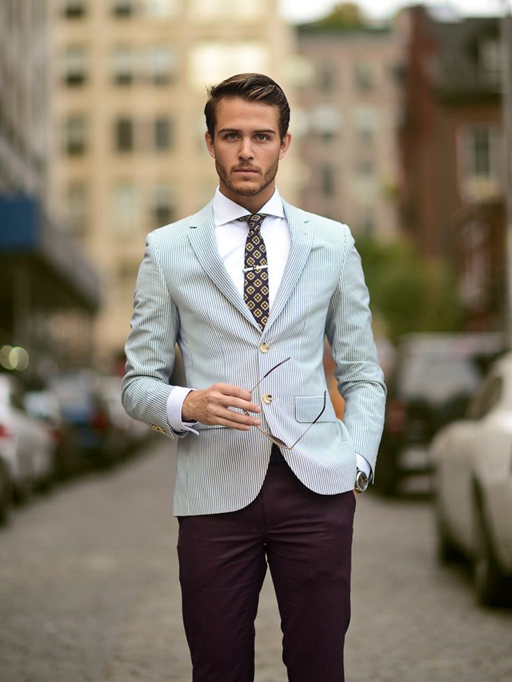 Seersucker blazer with colored trousers