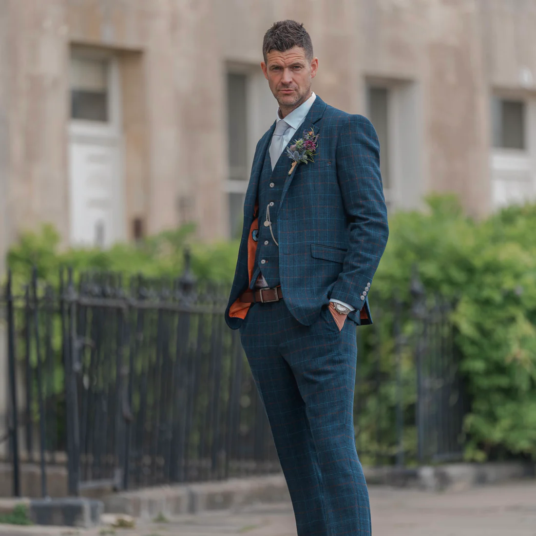 Navy checked three-piece suit